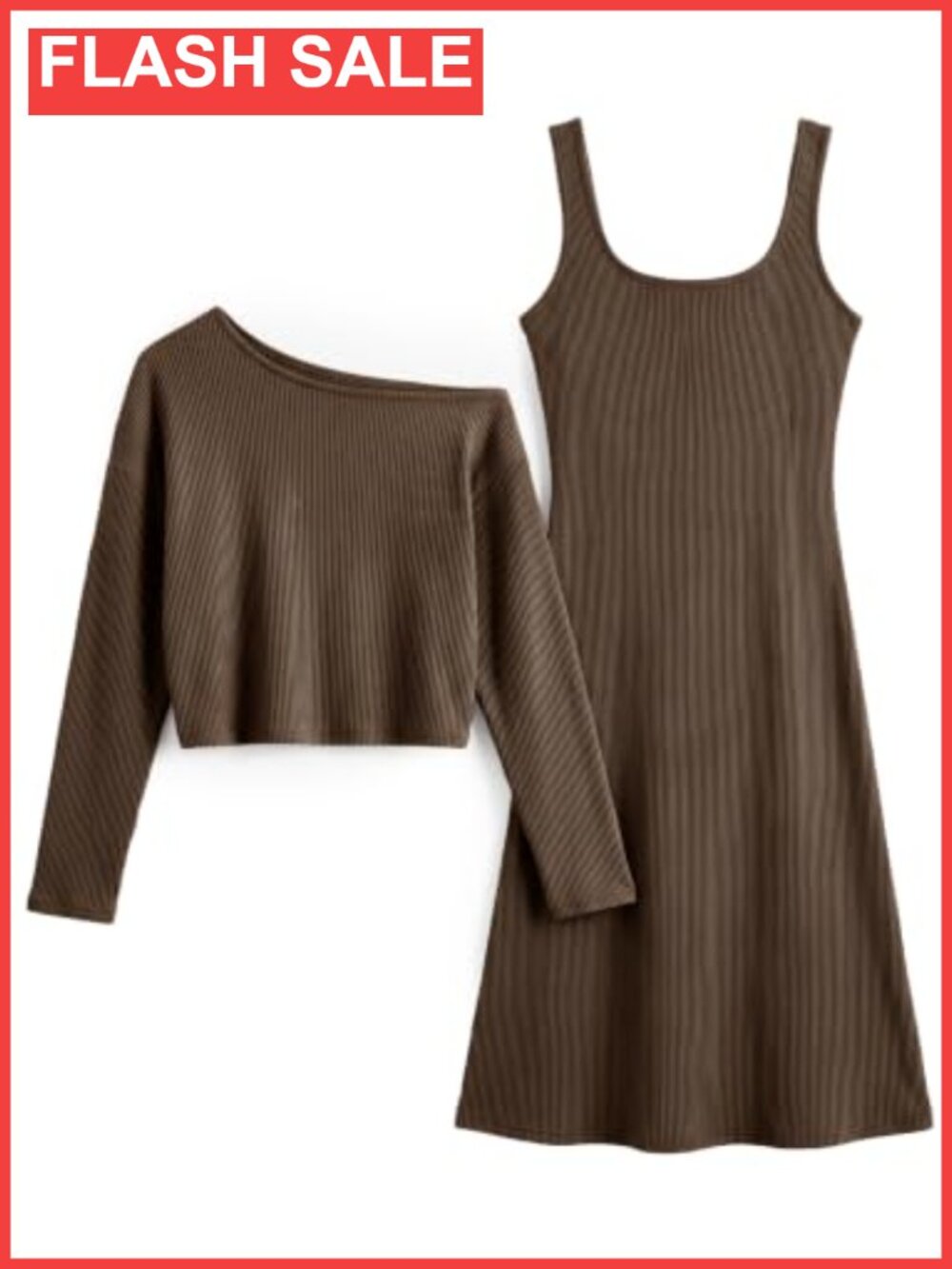 Ribbed Knit 2 Piece Sweater Dress Set Cropped Top Tank A-Line Fall Outfit